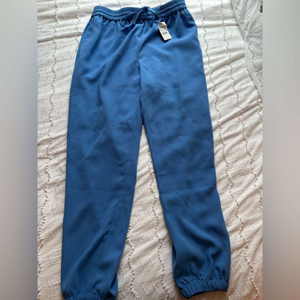 Express Blue Dressy Joggers With Pockets, ankle mid rise NWT Drawstring small